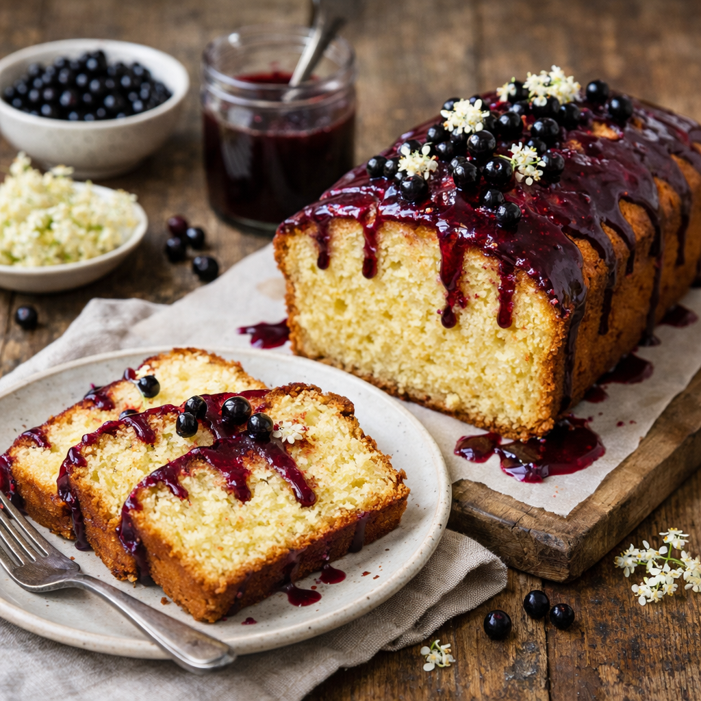 Elderflower and Elderberry Drizzle Cake